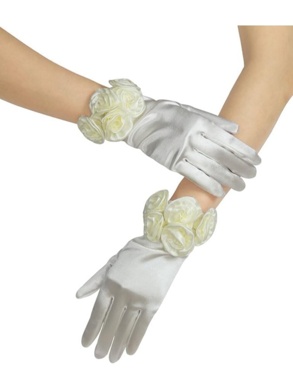 Women's Ivory Short Satin Floral Wedding Dress Opera Gloves Party Accessories